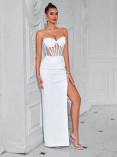 ADYCE Sweetheart Neck Fish Bone Trimmed Front Slit Open Back Party Dress